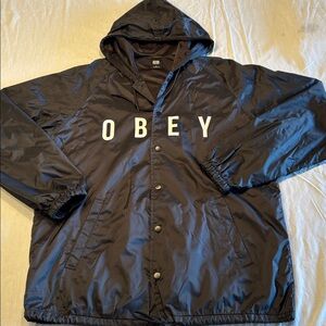 Obey Black Hooded Nylon Windbreaker Jacket , L , $16